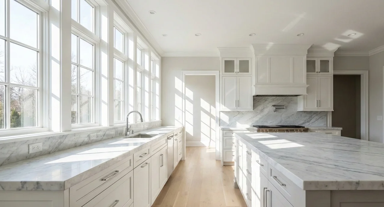 Bright modern kitchen with white shaker cabinets, marble countertops, and natural light streaming through large windows - ideal documentation before a kitchen refresh