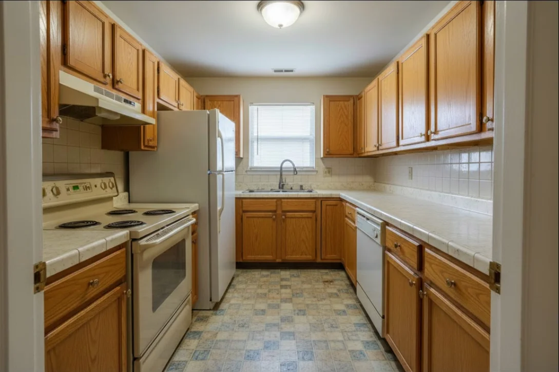Wide-angle before photo of a dated 1990s galley kitchen with oak cabinets, older appliances, and linoleum flooring - typical starting point for a kitchen refresh